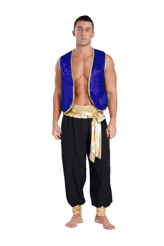 Men's Adult Arabian Prince Costume Halloween Persian Ara Genius Cosplay Vest Harem Pants Outfit Royal Blue&Black M