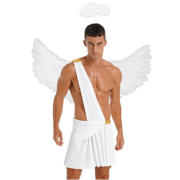 iiniim Men's Angel Ruffle Skirt with Angel Wings and Hairband Adult Archangel Costume White L