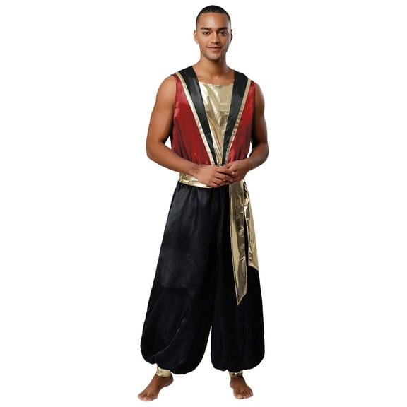 iiniim Men's Arabian Prince Costume Satin Sleeveless Hippie Harem Pants Metallic Belted Jumpsuit Burgundy XL