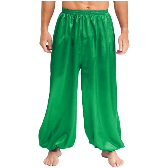 iiniim Men's Belly Dance Pants Satin Silky Loose Fit Comfy Bloomers Theme Party Trousers Green XXL