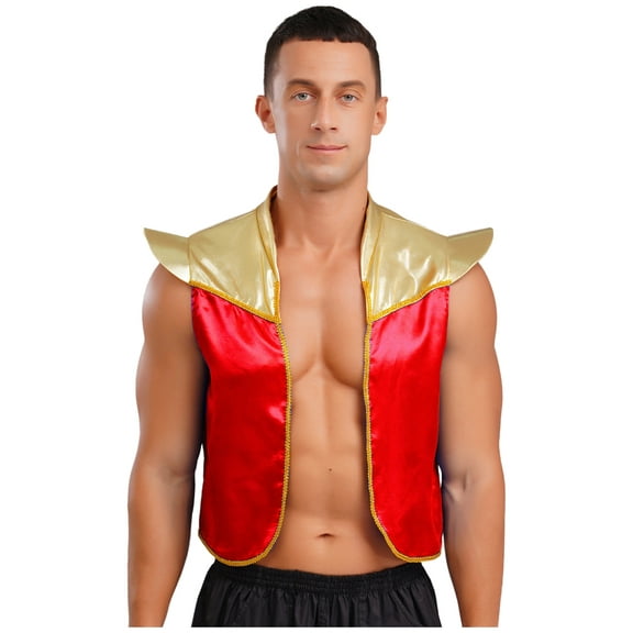 iiniim Men's Halloween Costume Open Front Vest with Shoulder Pads Shiny Metallic Top Red M