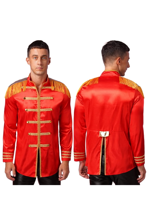 Men's Halloween SGT Sergeant Pepper Costume Budget Jacket Cosplay Rock Band 60s Hippy Satin Coat A Red S