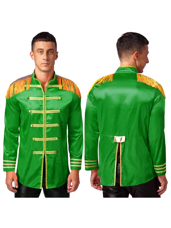 Men's Halloween SGT Sergeant Pepper Costume Budget Jacket Cosplay Rock Band 60s Hippy Satin Coat Green XL