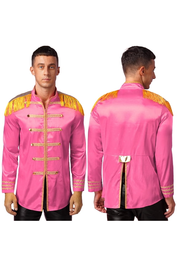 Men's Halloween SGT Sergeant Pepper Costume Budget Jacket Cosplay Rock Band 60s Hippy Satin Coat Hot Pink S