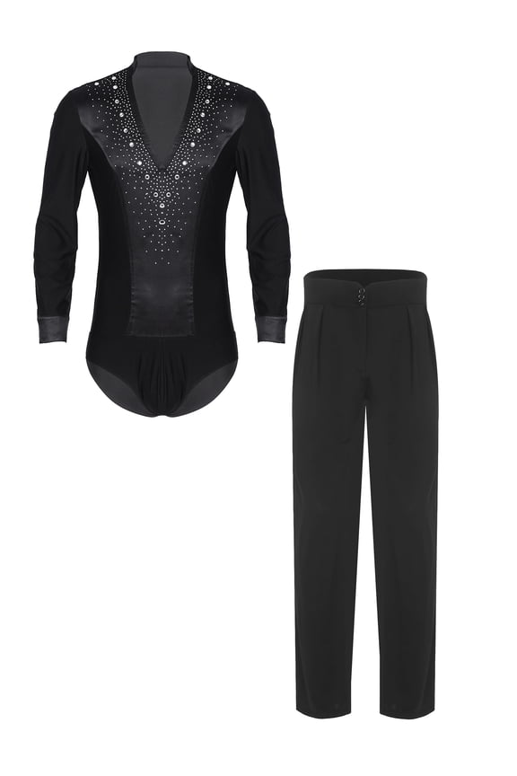 Men's Latin Ballroom Dance V Neck Long Sleeve Gymnastics Leotard With Straight Long Pants Black XL