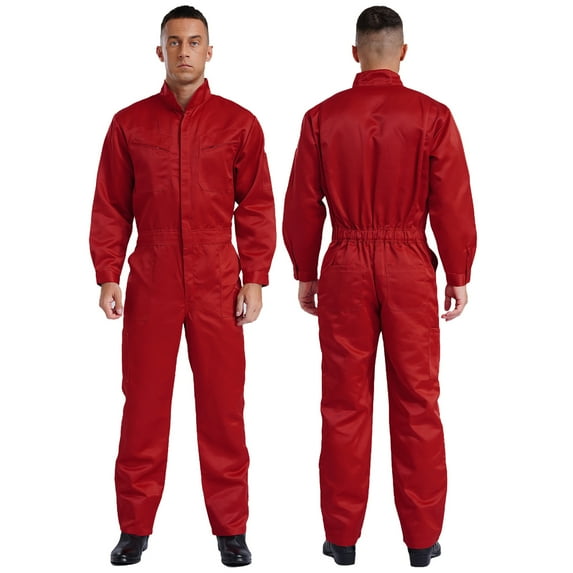 iiniim Men's Long Sleeve 100% Cotton Coverall Front Half Zipper Dustproof Jumpsuit Workwear Red 4XL/190