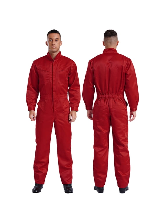 Men's Long Sleeve 100% Cotton Coverall Front Half Zipper Dustproof Jumpsuit Workwear Red M/165