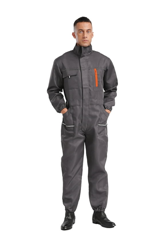 Men's Long Sleeve Coverall Action Back Coverall with Zipper Pockets Mechanic Uniform Jumpsuit Gray 195/5XL
