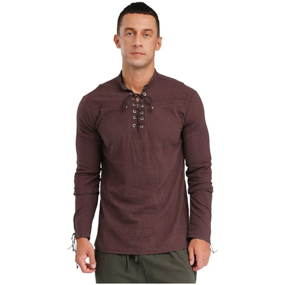 iiniim Men's Medieval Viking Costume Renaissance Pirate Role Play Long Sleeves Lace up Shirt Tops Coffee S