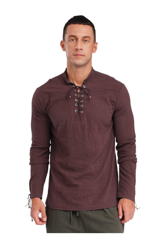 Men's Medieval Viking Costume Renaissance Pirate Role Play Long Sleeves Lace up Shirt Tops Coffee S
