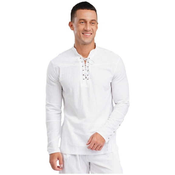 iiniim Men's Medieval Viking Costume Renaissance Pirate Role Play Long Sleeves Lace up Shirt Tops White M