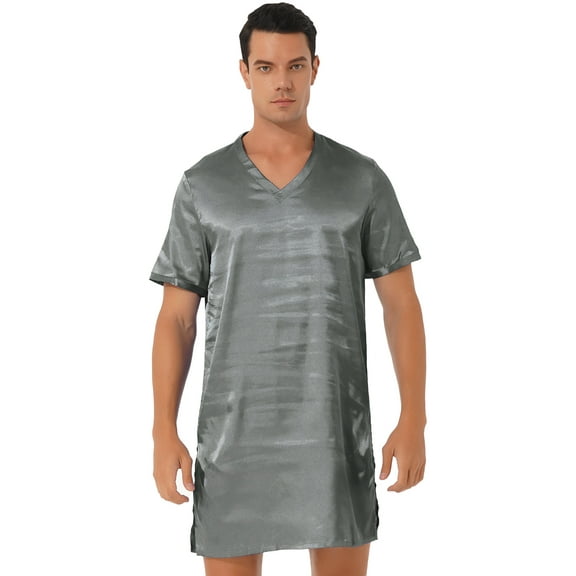 iiniim Men's Nightshirt Satin Nightwear Comfy V Neck Short Sleeve Soft Loose Pajama Sleep Shirt