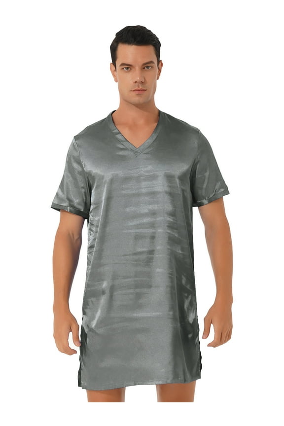 Men's Nightshirt Satin Nightwear Comfy V Neck Short Sleeve Soft Loose Pajama Sleep Shirt