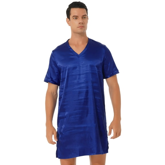 iiniim Men's Nightshirt Satin Nightwear Comfy V Neck Short Sleeve Soft Loose Pajama Sleep Shirt