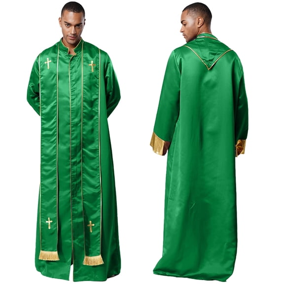 iiniim Men's Priest Robe with Gold Trim and Cross Front Zip Stand Collar Long Sleeve for Church Worship Green 3XL
