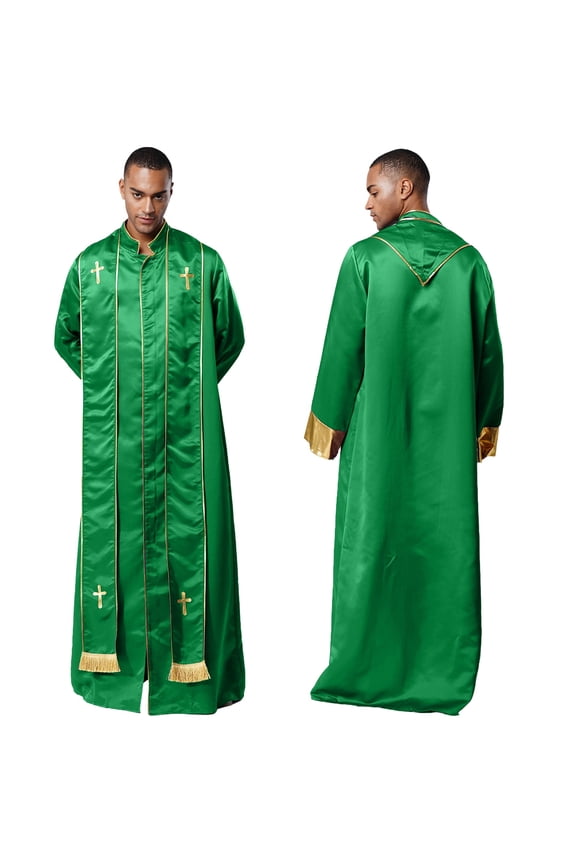 Men's Priest Robe with Gold Trim and Cross Front Zip Stand Collar Long Sleeve for Church Worship Green 3XL