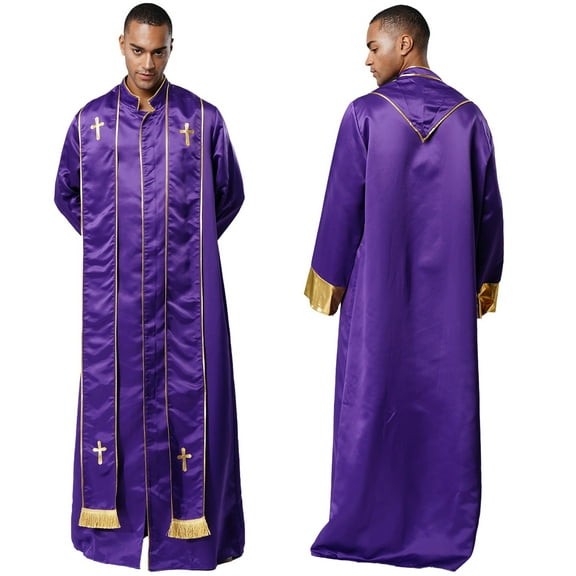 iiniim Men's Priest Robe with Gold Trim and Cross Front Zip Stand Collar Long Sleeve for Church Worship Purple 3XL