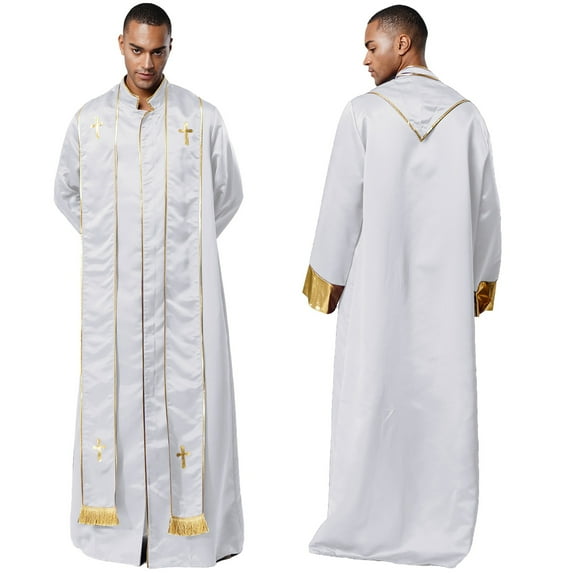 iiniim Men's Priest Robe with Gold Trim and Cross Front Zip Stand Collar Long Sleeve for Church Worship White XL