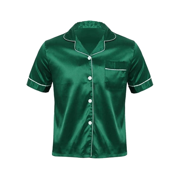 iiniim Men's Satin Short Sleeve Button Down Shirt Top Classic Pajamas Tops Blouse Nightwear Size M-3XL Dark Green M