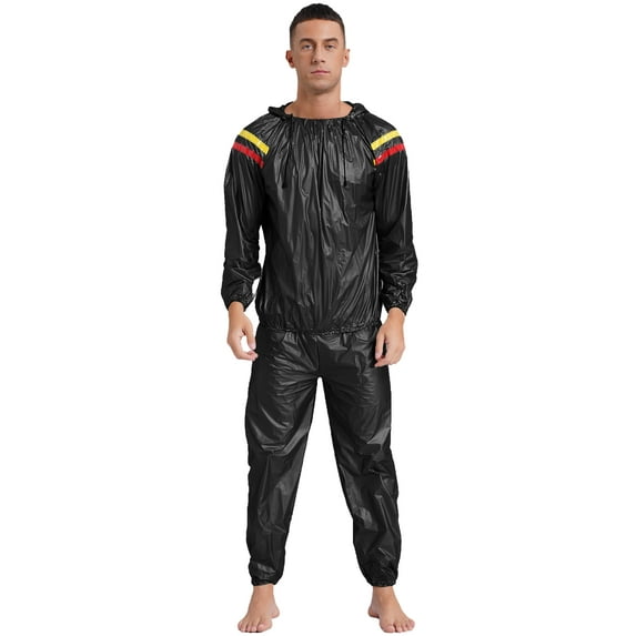 iiniim Men's Sauna Sweat Suit with Hood Long Sleeve Jacket Outerwear and Long Pants for Workout Type A Black XXL
