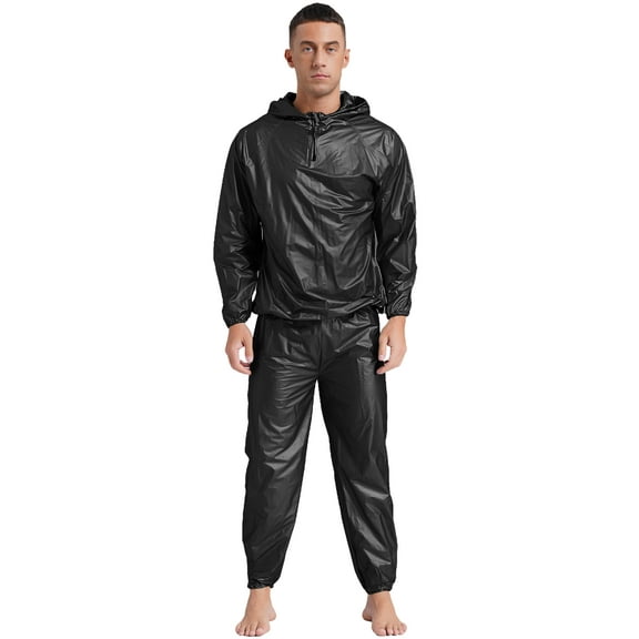 iiniim Men's Sauna Sweat Suit with Hood Long Sleeve Jacket Outerwear and Long Pants for Workout Type B Black S