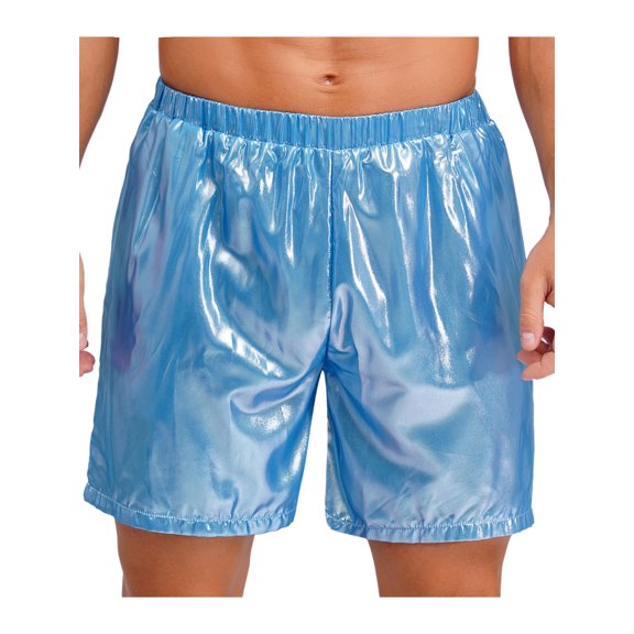 iiniim Men's Shiny Metallic Disco Shorts Loose Fit with Side Pockets for Casual Daily Party Wear Light Blue 3XL