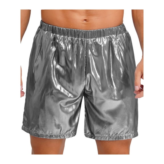 iiniim Men's Shiny Metallic Disco Shorts Loose Fit with Side Pockets for Casual Daily Party Wear Silver M