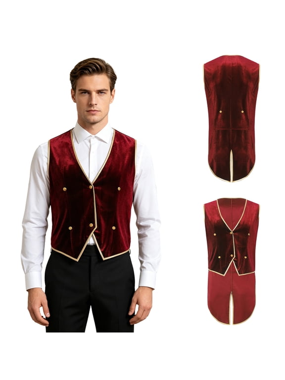 Men's Velvet Vest V Neck 6 Buttons Tailcoat Slim Fit Waistcoat for Halloween Cosplay Party Red L