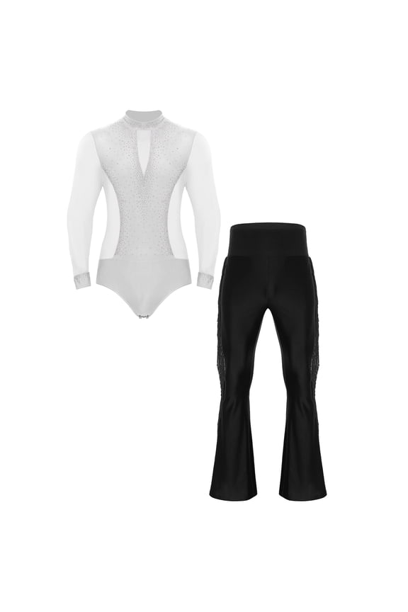 Mens 2-Piece Set Latin Dance Outfits Long Sleeve Bodysuit Dance Leotard with Flared Pants White&Black M