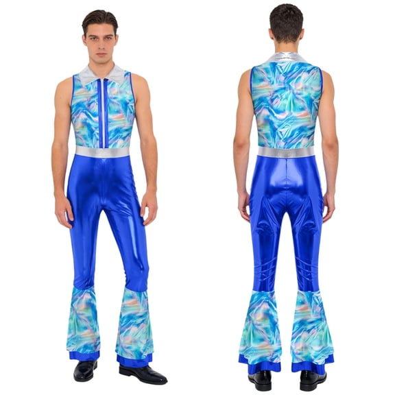 iiniim Mens 70s 80s Rave Jumpsuit Metallic Shiny Disco Dance Hippies Rompers Royal Blue XXL