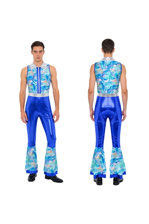 Mens 70s 80s Rave Jumpsuit Metallic Shiny Disco Dance Hippies Rompers Royal Blue XXL