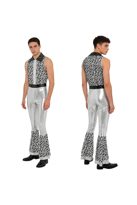 Mens 70s 80s Rave Jumpsuit Metallic Shiny Disco Dance Hippies Rompers Silver L