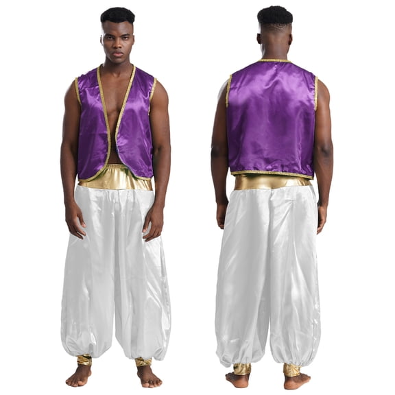 iiniim Mens Arabian Prince Costume Open Front Vest with Pants Halloween Show Fancy Dress up Outfit Dark Purple&White S