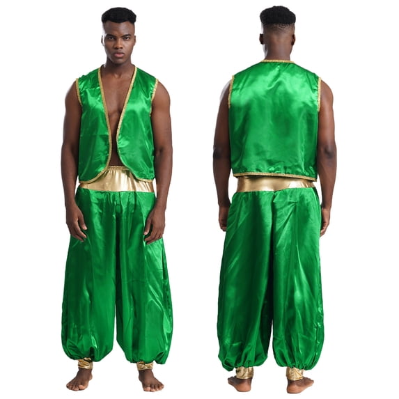 iiniim Mens Arabian Prince Costume Open Front Vest with Pants Halloween Show Fancy Dress up Outfit Green&Green XXL