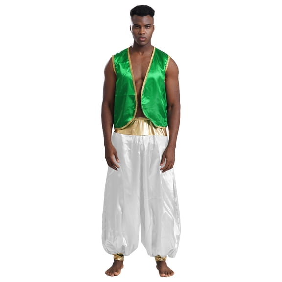 iiniim Mens Arabian Prince Costume Open Front Vest with Pants Halloween Show Fancy Dress up Outfit Green&White S