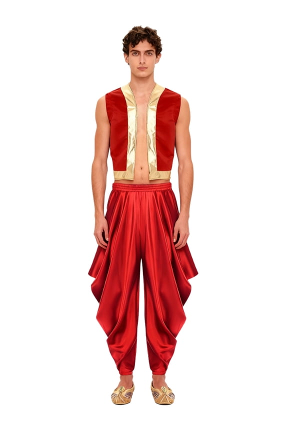 Mens Arabian Prince Sets Halloween Costume Open Front Tank Vest with Loose Harem Pants Red M