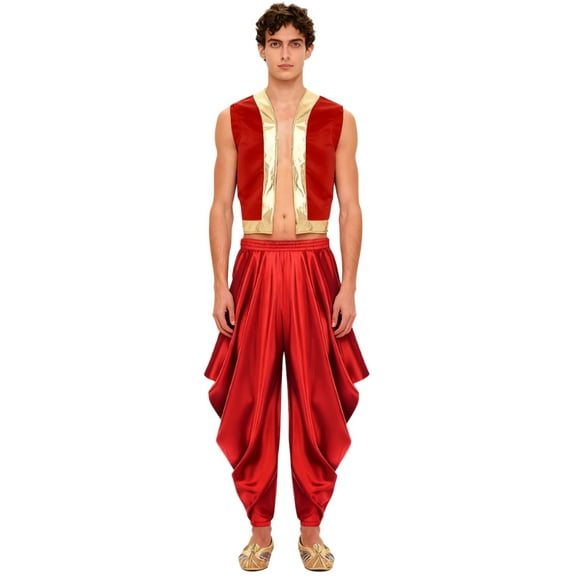 iiniim Mens Arabian Prince Sets Halloween Costume Open Front Tank Vest with Loose Harem Pants Red S