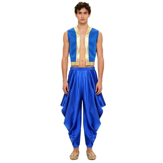 iiniim Mens Arabian Prince Sets Halloween Costume Open Front Tank Vest with Loose Harem Pants Royal Blue M