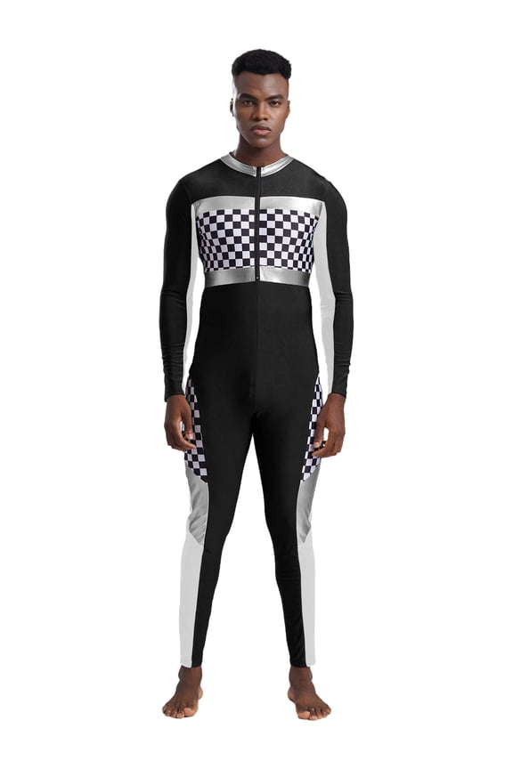 Mens Checkerboard Bodysuit Racer Racing Costume Speed Race Car Driver Jumpsuit Uniform Black XL