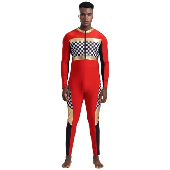 iiniim Mens Checkerboard Bodysuit Racer Racing Costume Speed Race Car Driver Jumpsuit Uniform Red XL
