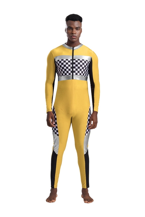 Mens Checkerboard Bodysuit Racer Racing Costume Speed Race Car Driver Jumpsuit Uniform Yellow L