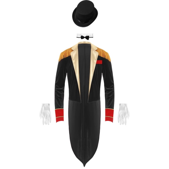 iiniim Mens Circus Magic Show Outfit Open Front Lapel Velvet Tailcoat Jacket with Accessories Set Black 3XL