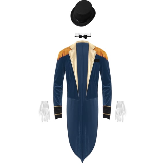 iiniim Mens Circus Magic Show Outfit Open Front Lapel Velvet Tailcoat Jacket with Accessories Set Dark Blue M