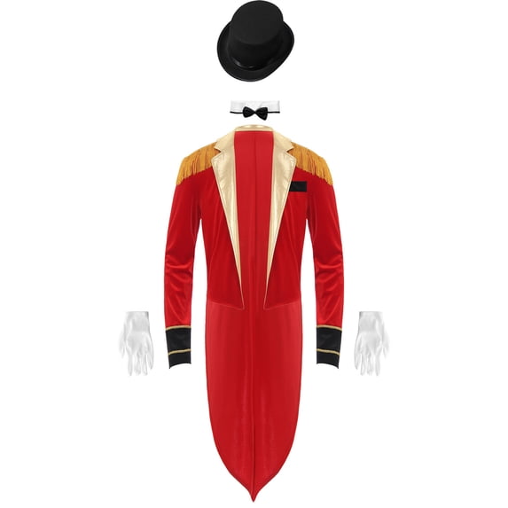 iiniim Mens Circus Magic Show Outfit Open Front Lapel Velvet Tailcoat Jacket with Accessories Set Red L