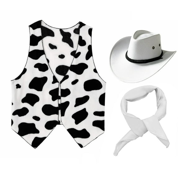 iiniim Mens Cow Print Vest Open Front Waistcoat with Bandanna Hat Festival Vintage Hippie Black&White M