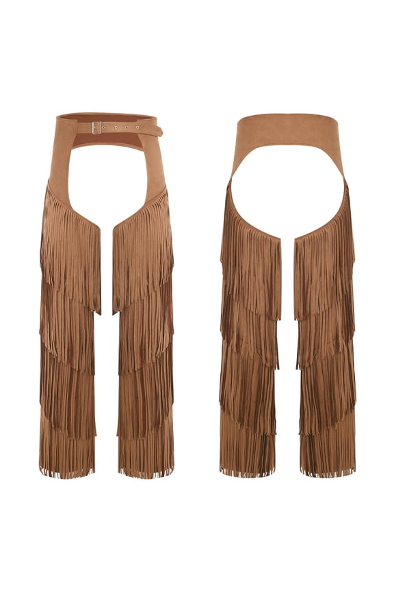 Mens Cowgirl Cowboy Chaps Pants Adjustable Waist Hollow Out Trousers Brown L