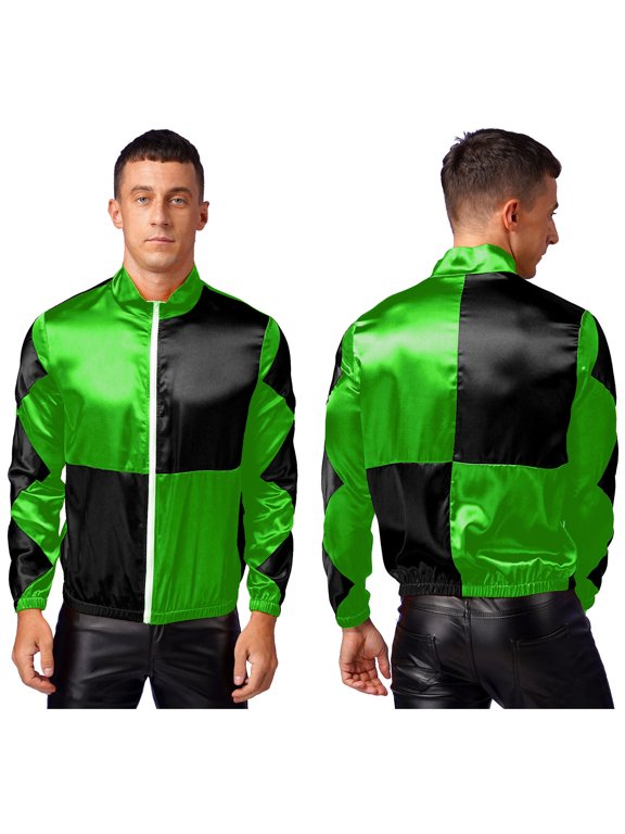 Mens Horse Race Satin Jackets Contrast Checkerboard Horse Rider Coat Horseman Outerwear Green&Black XL