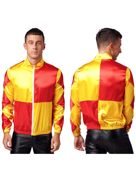 Mens Horse Race Satin Jackets Contrast Checkerboard Horse Rider Coat Horseman Outerwear Yellow&Red M
