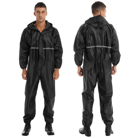 iiniim Mens One Piece Rain Suit Reusable Waterproof Hooded Raincoat Reflective Zipper Jumpsuit Overalls M-4XL