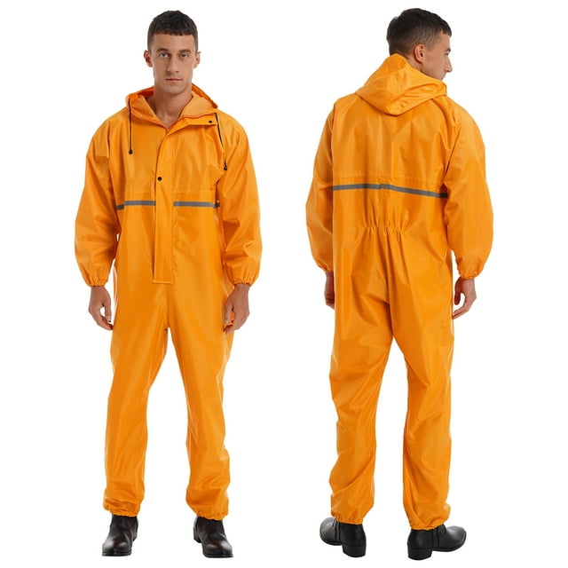 iiniim Mens One Piece Rain Suit Reusable Waterproof Hooded Raincoat Reflective Zipper Jumpsuit
